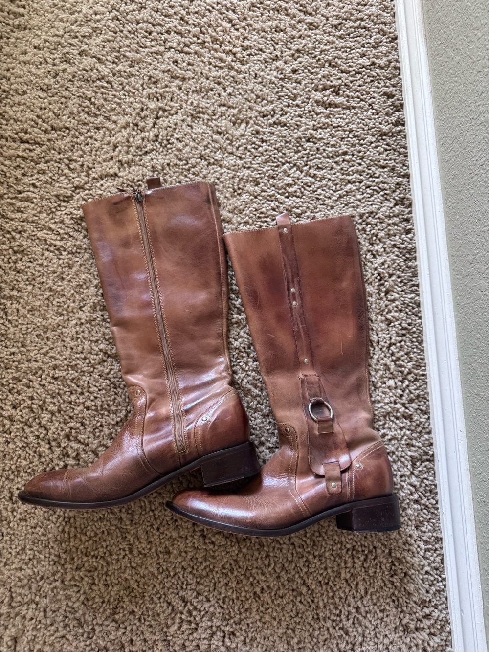 Brown Leather Mid-Calf Riding Boots with Buckle Detail